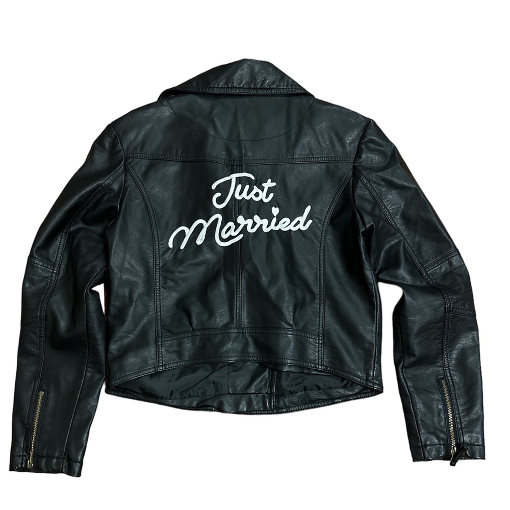 David’s Bridal faux leather Just Married jacket. M